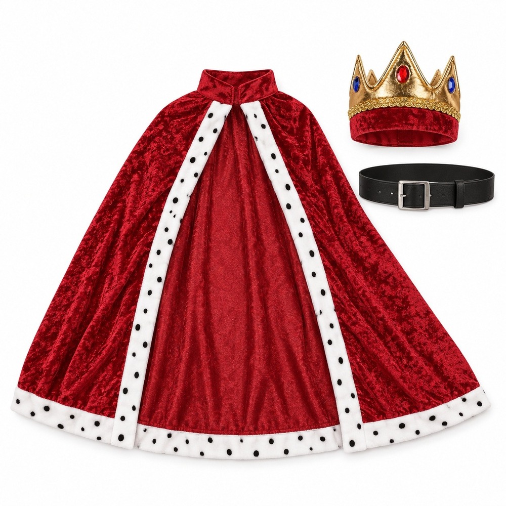 Kids King Costume Set Red Velvet Cape Crown Belt One Size Fits Most Royal Outfit